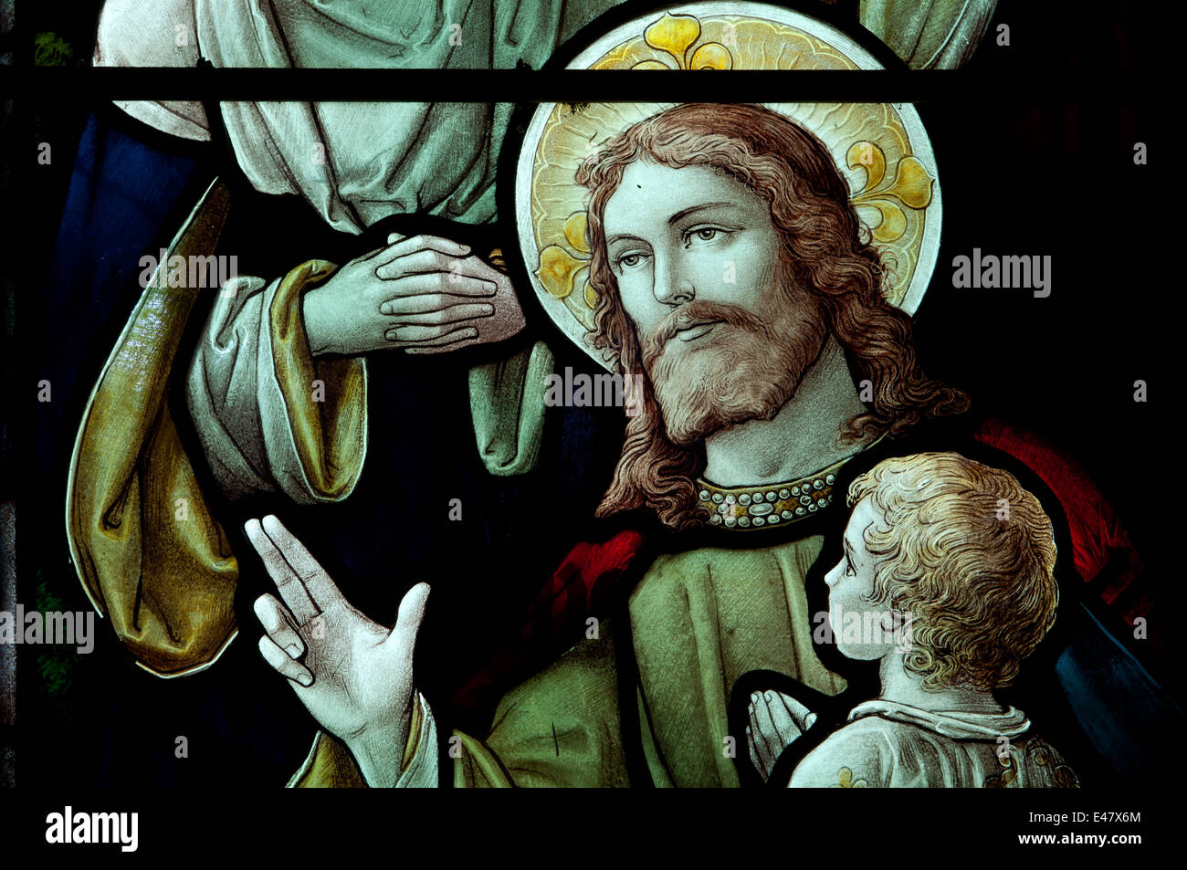 Suffer the little children stained glass detail, St. Paul`s Church, Fazeley, Staffordshire, England, UK Stock Photo